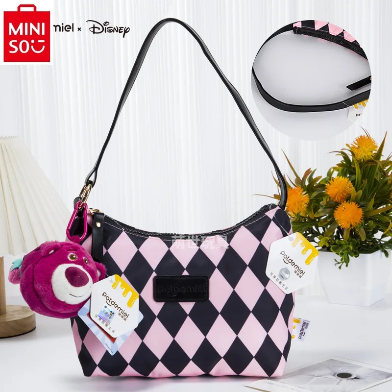 

MINISO Disney Strawberry Bear Three Eyed Doll Pendant Checkerboard Underarm Bag Fashion Women's High Quality Shoulder Bag