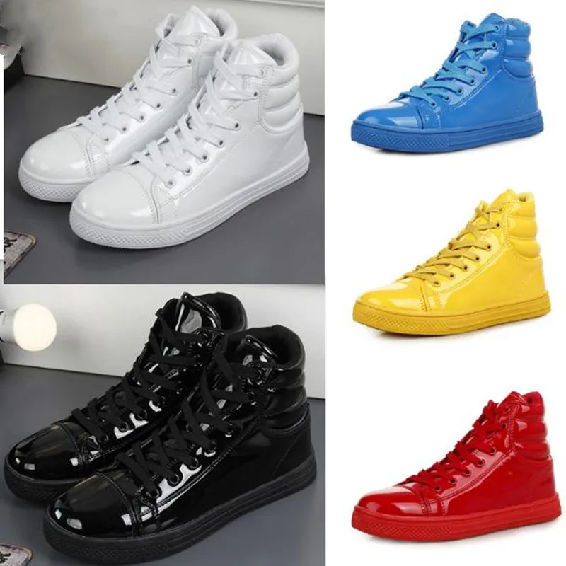 

New White Women Fashion Sneakers High Top Lace Up Platform Casual Shoes Flat Heel Shoes Woman Brand Patent Leather Shoes Lovers