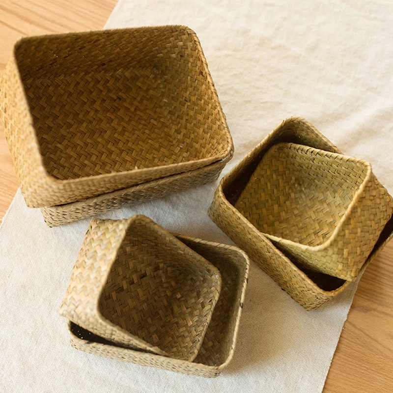 Wicker Storage Basket Picnic Basket Woven Laundry Basket Sundries Organizer Kitchen Fruit Organizer Seaweed Box cesta decorativa 5