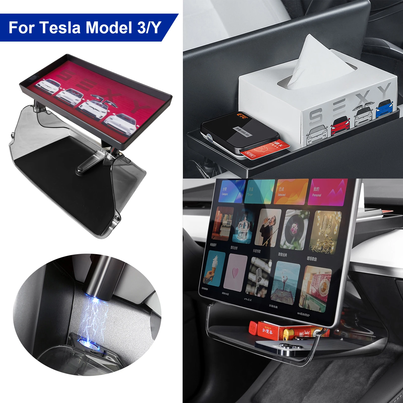 

Center Console Organizer Tray Magnetic Under Screen Storage Box Dashboard Tissue Holder Case Car Accessories for Tesla Model 3 Y