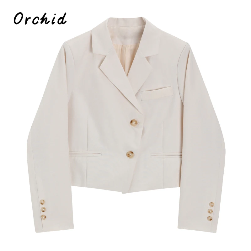 

Women's Creamy-white Cropped Blazers Coat 2023 Autumn Winter Single Breasted Long Sleeves Lapel Simply Style Outerwear Top