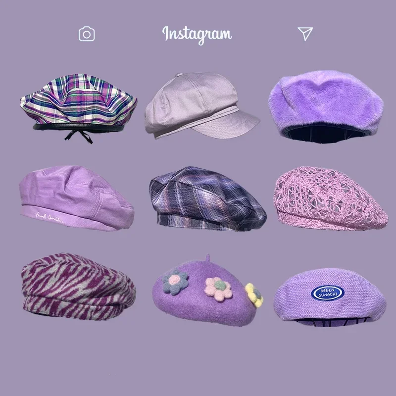 

Purple Artist Beret: Solid Retro Pu Leather Flower French Beret for Women Beret with Veil