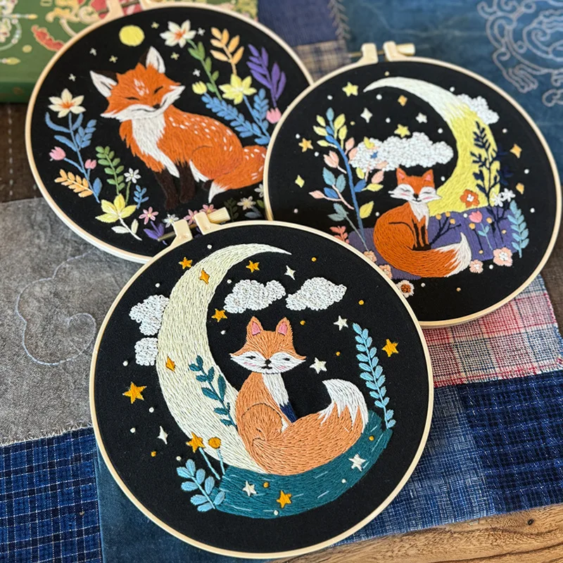 Cute Cartoon Fox Embroidery Kit Instruction Needle Thread Stapmed Cloth Room Decor DIY Crafter Gift embroidery set embroidery kits