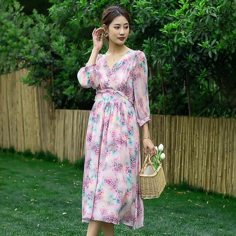 

Seaside silk dress women show thin temperament dress summer 2023 new mulberry silk beach dress broken flower long silk dress K62