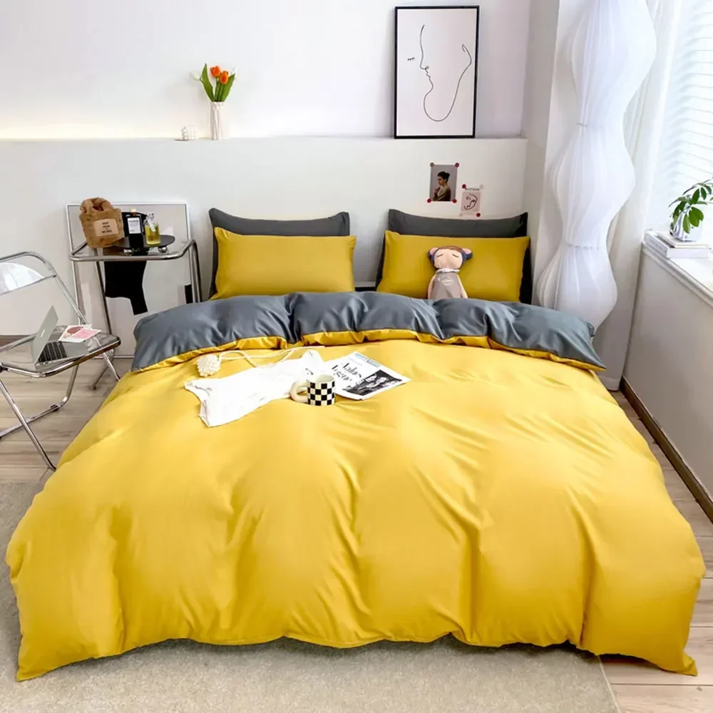 

2023 Svetanya Solid Yellow Color Duvet Cover Set Single Queen King Size Microfiber Linens Pillowcases Sheet Bedding Flat Set