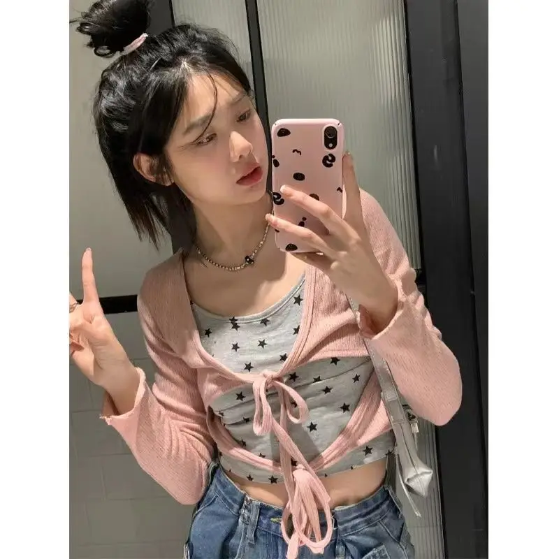 

Stars Printed Halter Vest Design Sense Lace-up Long-sleeved Cardigan Two-piece Women's Summer New Short Top Suit