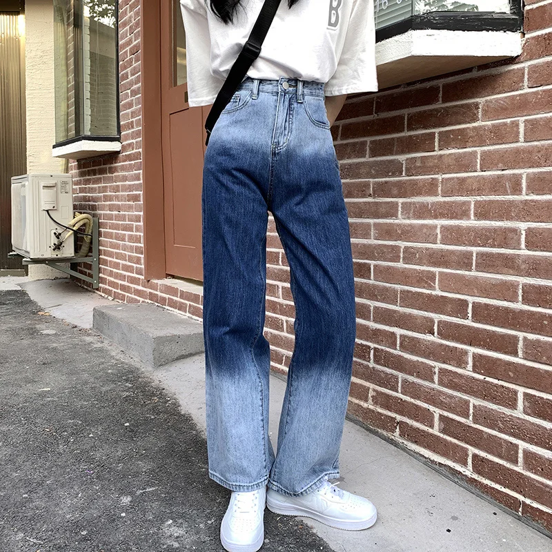 

Women Gradients Wide Leg Casual 2022 Street Style Versatile Denim Ladie Long Pants Jeans Vintage Retro Quality Fashion Trousers