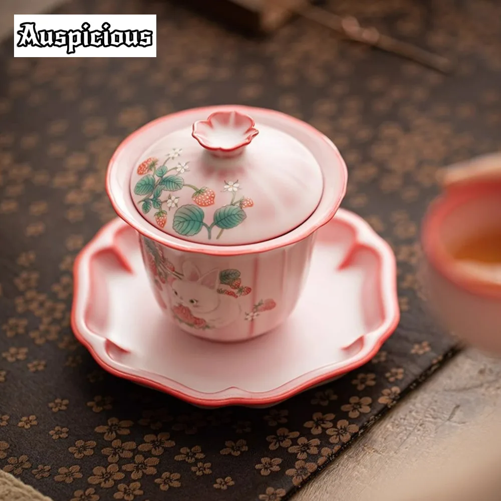 160ml Hand Painted Strawberry Rabbit Gaiwan Japanese Red Ru Kiln Ceramic Tea Tureen Tea Maker Cover Bowl Services Ornaments
