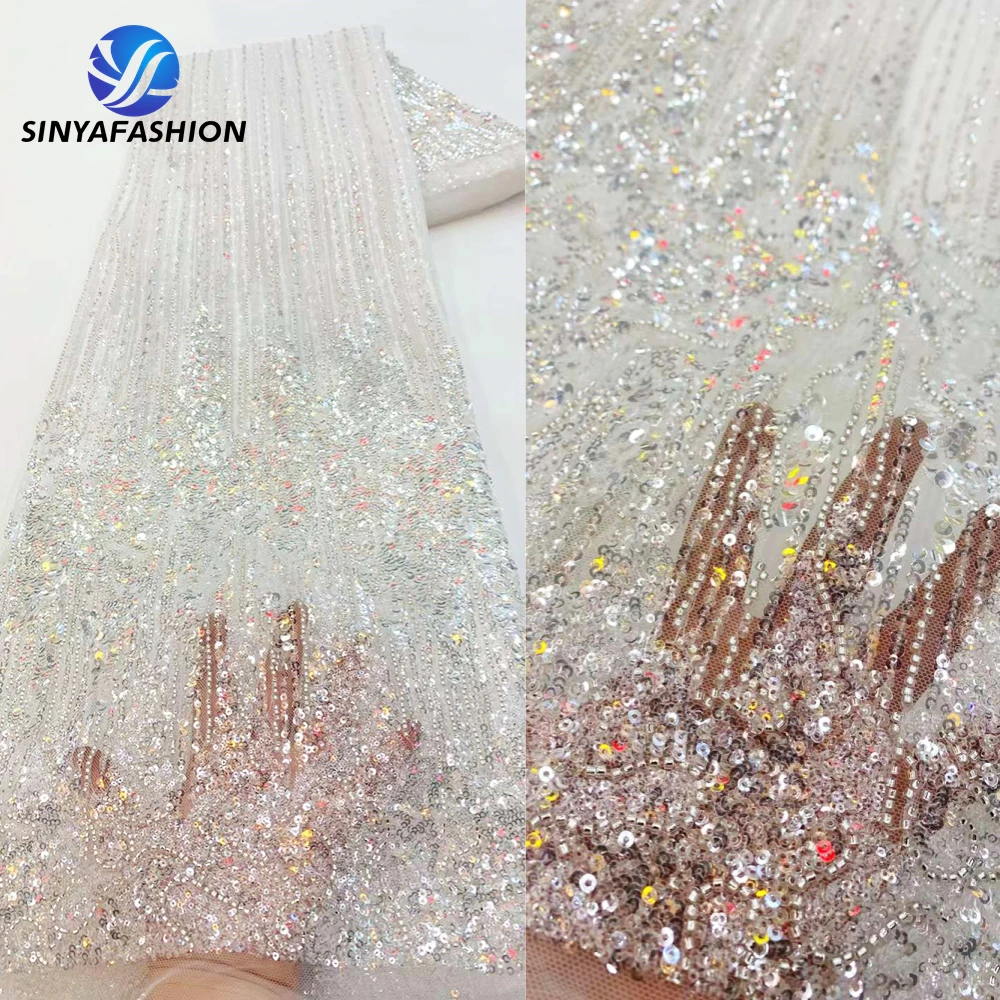 

Sinya White Handmade Beaded Lace Fabric Nigerian Embroidered Wedding Luxury Evening Dress French Tulle African Sequins Lace