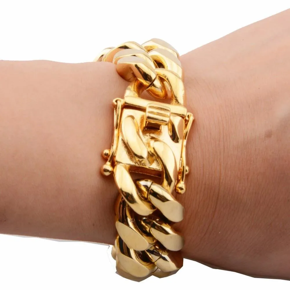 

8/10/12/14/16/18mm Gold Color/Rose Gold Stainless Steel Curb Cuban Link Chain Bracelet Bangle Jewelry 7-11inch for Men Women