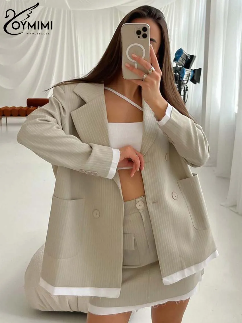 

Oymimi Elegant Office 2 Piece Sets Women Outfit Fashion Striped Striped Button Patchwork Shirts + Slim Pockets Mini Skirts Sets
