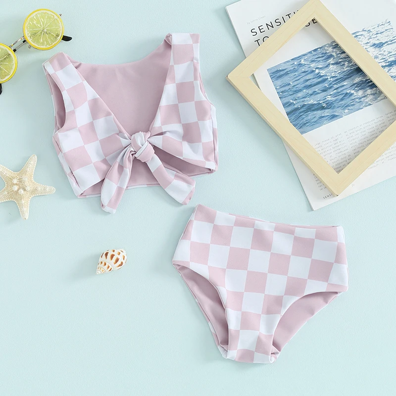 

Kids Girls Bikini Set Sleeveless Knotted Top with Briefs Plaid Swimsuit Swimwear for Summer Beach Bathing
