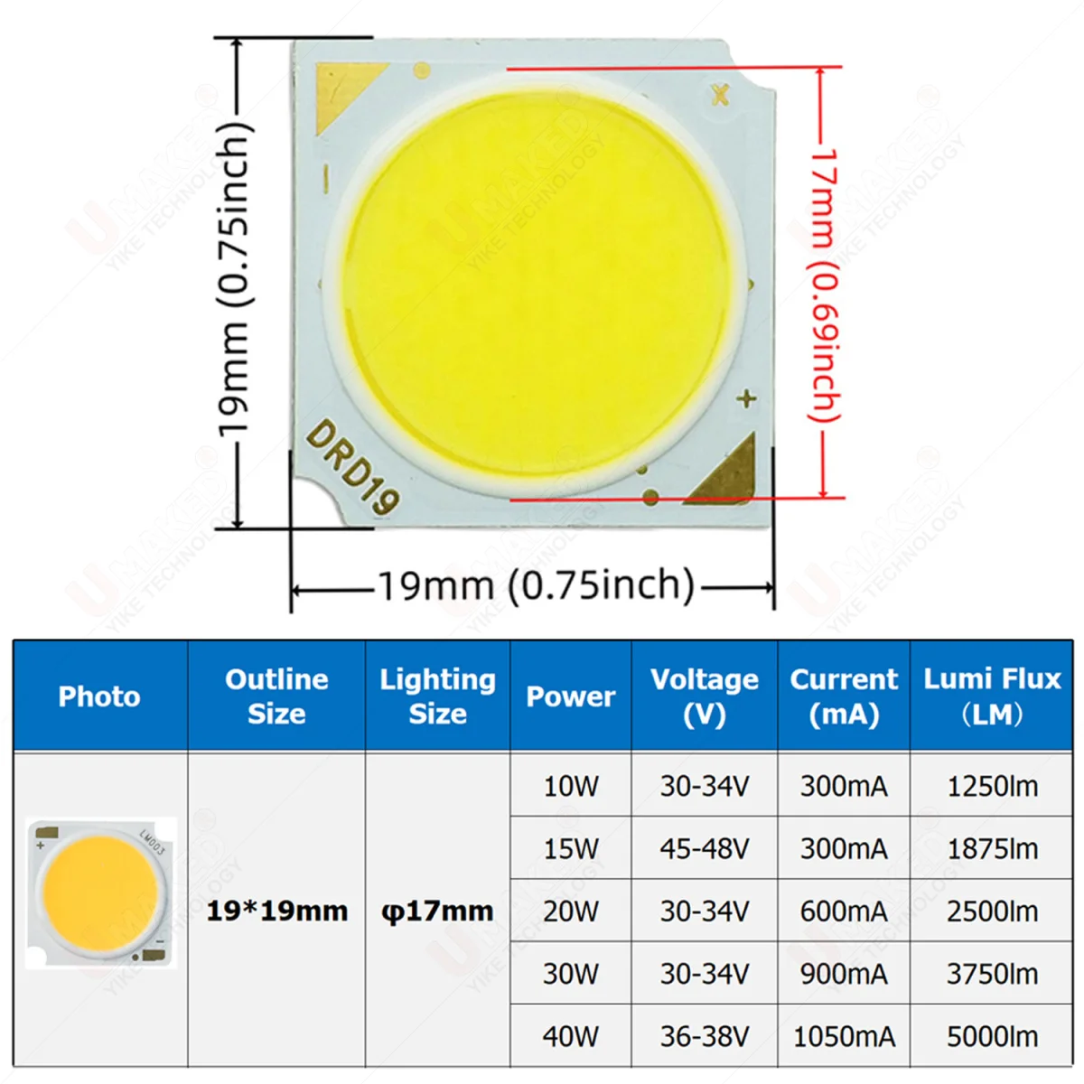 5/20PCS 19x19mm LED COB 라이트 비즈 10W15W18W20W30W LED 램프 비즈 따뜻한 흰색 6000K LED 전구 칩 스포트 라이트 다운 라이트 다이오드 램프