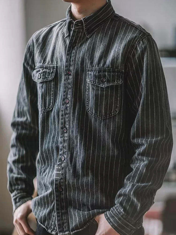 Men's Denim Shirt Long Sleeved Shirt Casual Buttoned Lapel Striped Spring Cargo Top