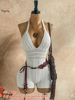 2026Women's Crochet Halter Romper White Hollow Out Backless Slim Fit Knitted Bodysuit for Beach Vacation Summer Festival
