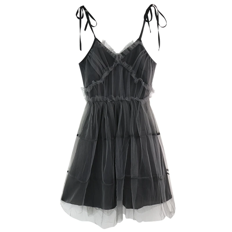

Women Gothic Tie Strap V Neck Mesh Splicing High Waist Mini Pleated Dress 10CF