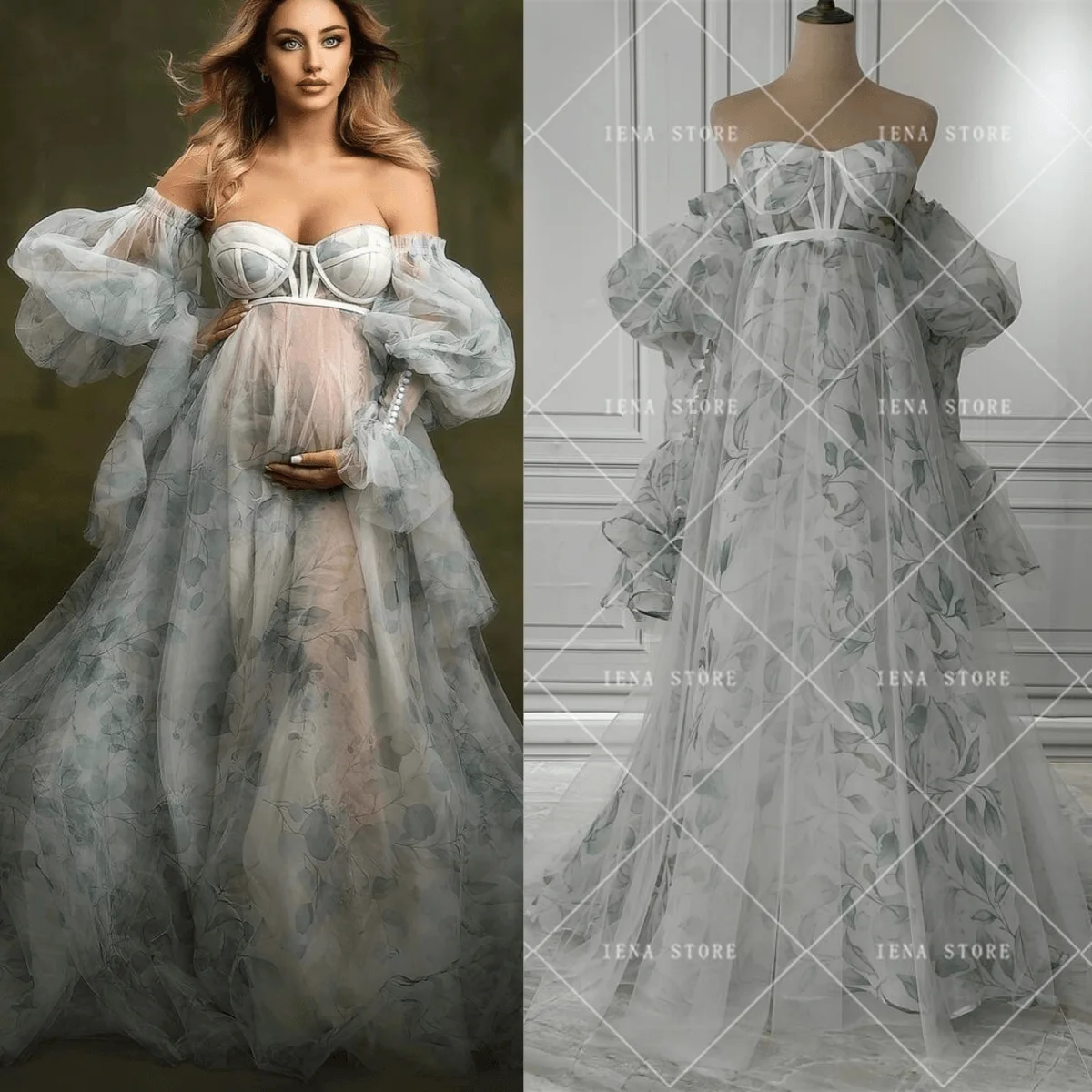 Floral Printing Maternity Dresses Photography Pregnant Gowns Removable Sleeve Pregnancy Women Photoshoot Dress 14509#