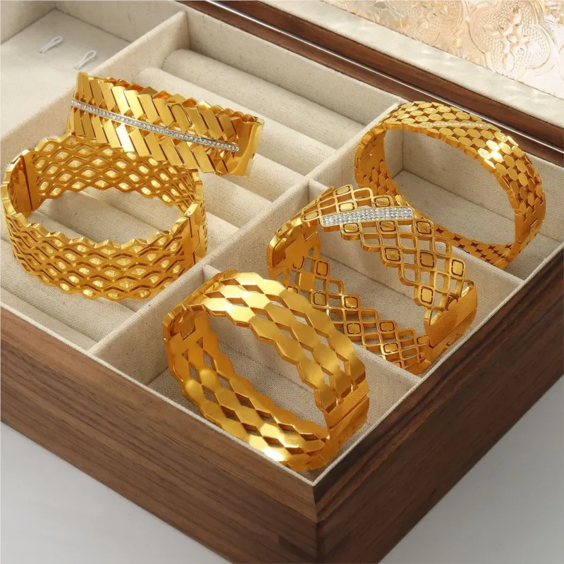 

Hollow Geometric Wide Bracelet Bangle For Women Stainless Steel Gold Plated Women's Hand Bracelets Bangles