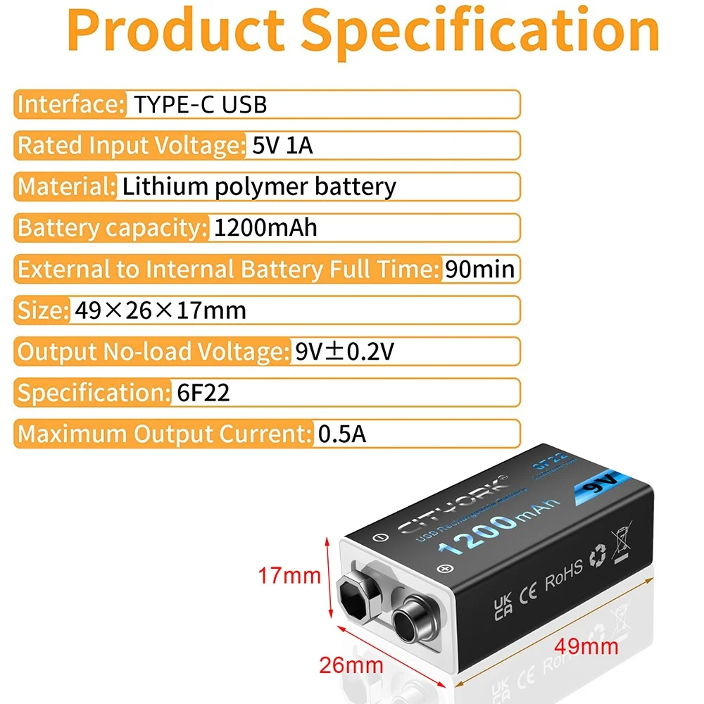 9V 6F22 1200mAh USB Rechargeable Battery With TYPE-C USB Charging Li-ion Battery For Metal Detector Multimeter Toy — view 6