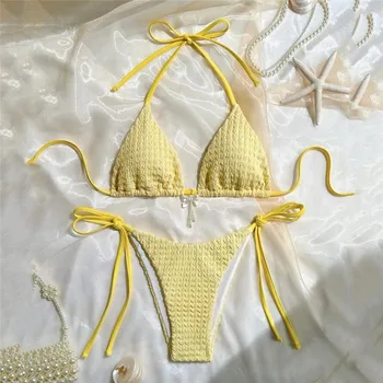 Yellow Halter String Triangle Micro Bikini Thong Solid Swimwears Bow Pearl Sexy Swimsuit Women Bathing Suit Bikinis Sets 2026 1