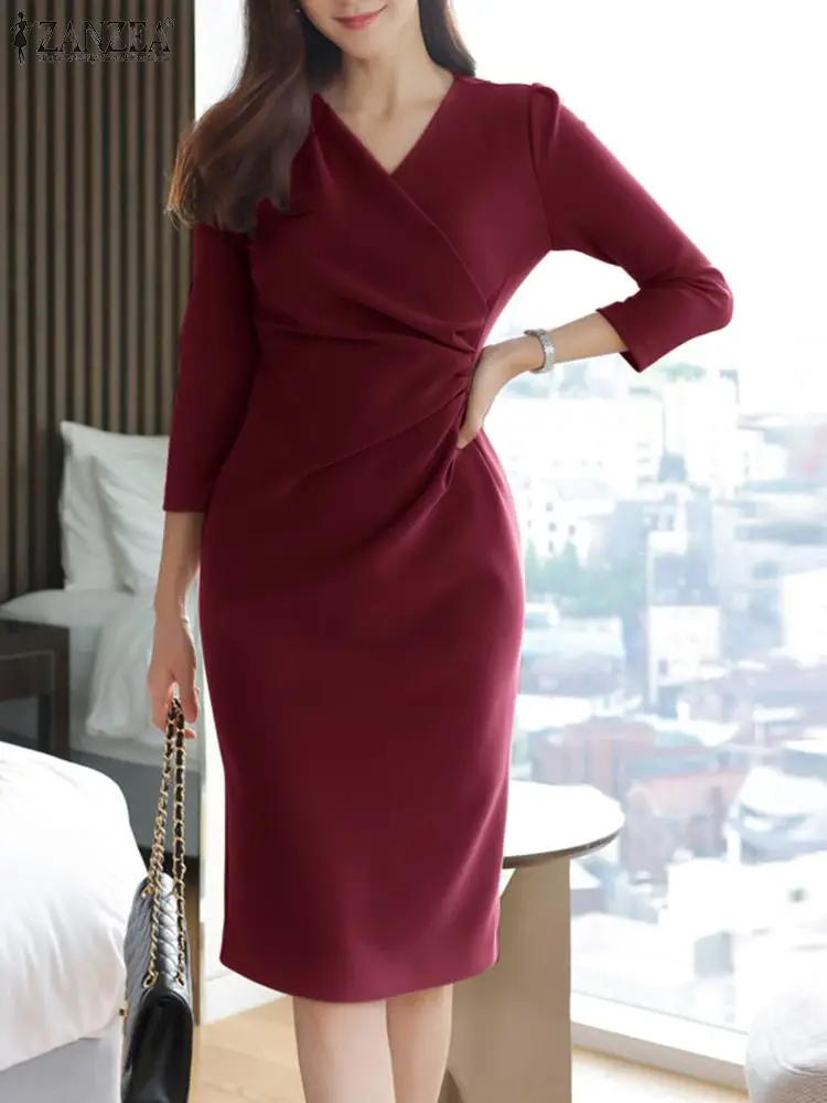 

Women 3/4 Sleeve Midi Dress ZANZEA Elegant V Neck Party Vestidos Fashion Solid Waist Pleats Robe Sexy Slimming Pencil Long Dress