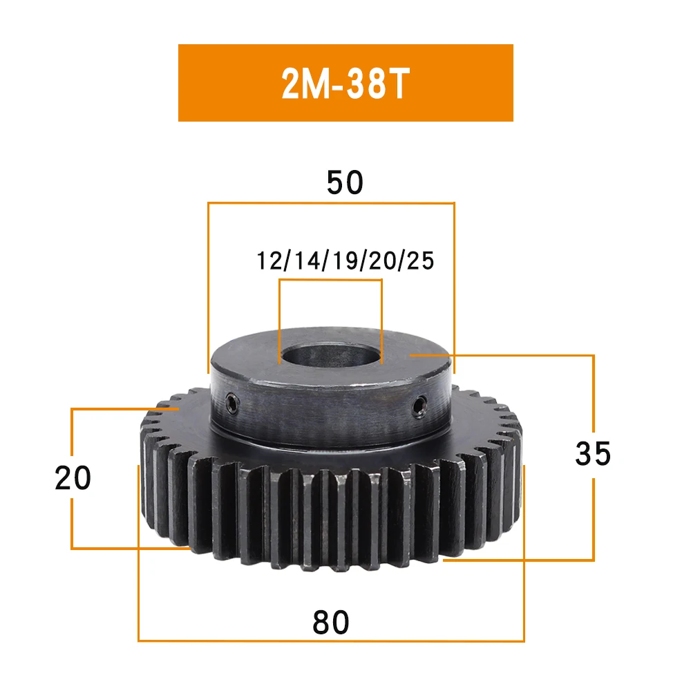 Motor Gear 2M-38T/40T Bore Size 10/12/14/15/16/17/19/20/25 mm Gear Wheel Blackening SC45#Carbon Steel Teeth Height 20mm
