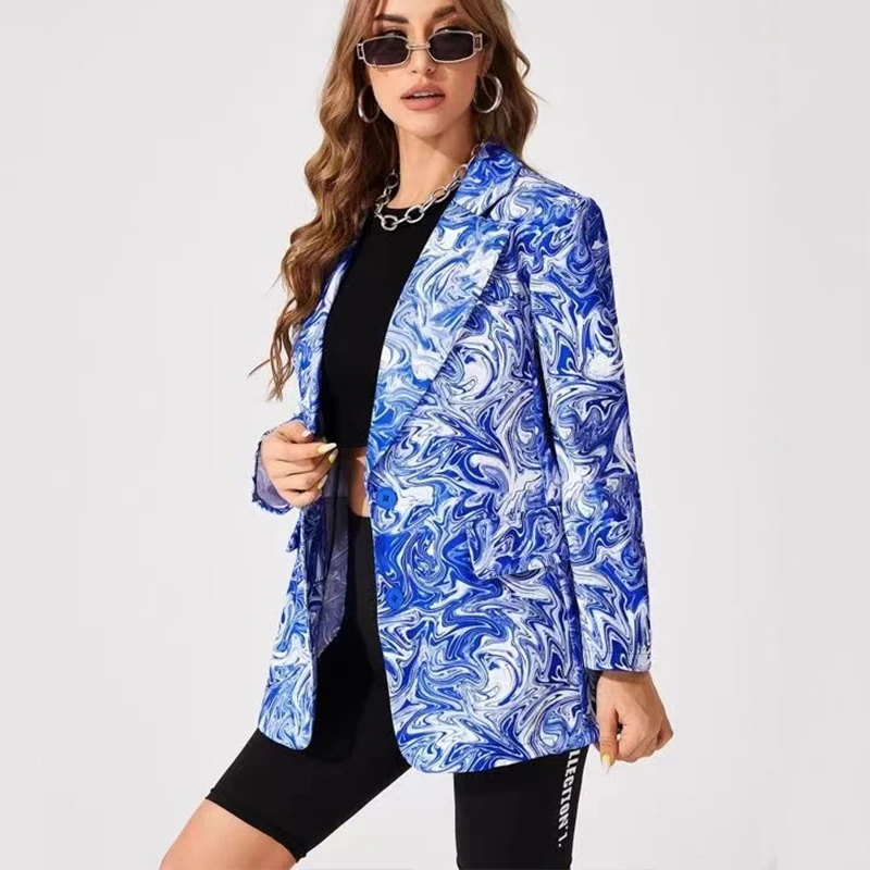 

Blue Wave Printing Blazer Women Jacket High Street Fashion 2022 Autumn New Oversized Elegant Office Lady Coat American Stylish