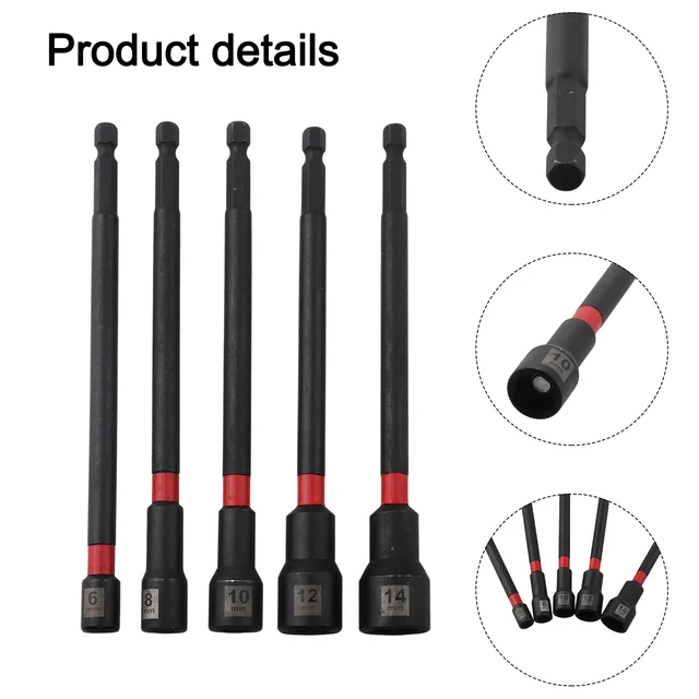 5PCS 6 Inch Magnetic Long Nut Driver 8-14mm For Impact Drill Long Shank Nut Driver Bits Hex Socket Adapter 3