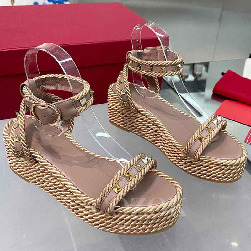 

Ladies Wedges Sandals Summer New Metal Decor Weave Design One Strap Platform Sandals Luxury Banquet Female Single Shoes