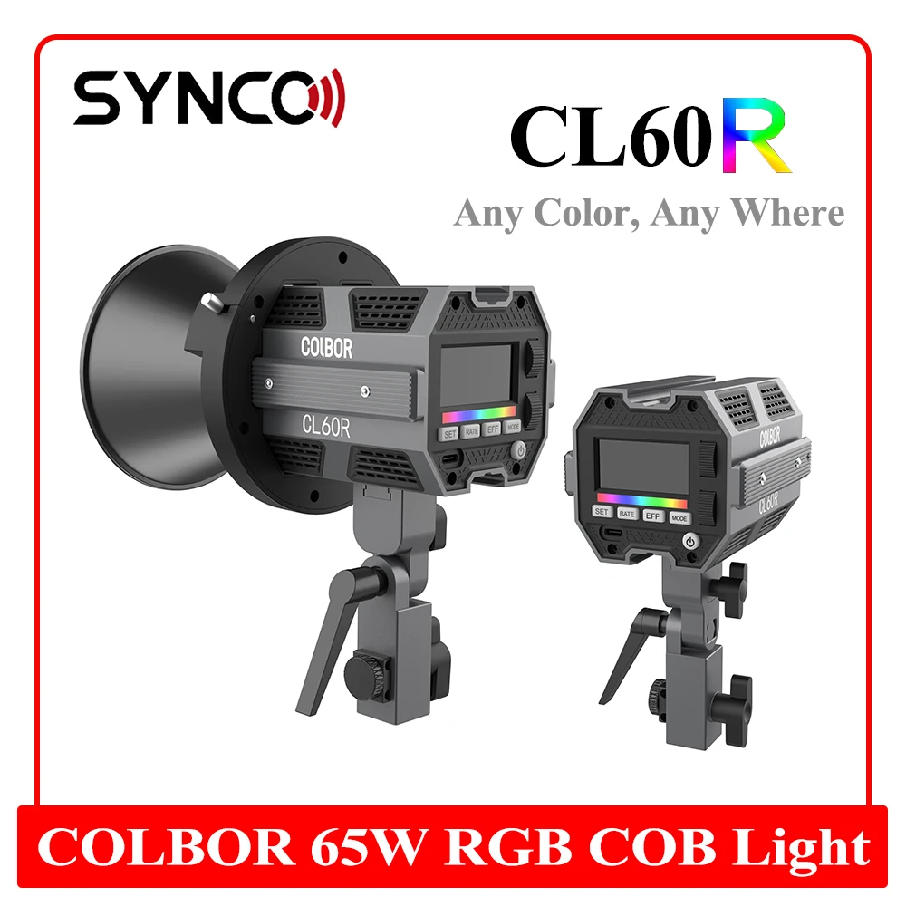 SYNCO COBOR 풀 컬러 LED 비디오 라이트, 촬영용 앱 제어, 보웬스 마운트, CL60R 65W RGB COB 비디오 라이트, 2700K-6500K