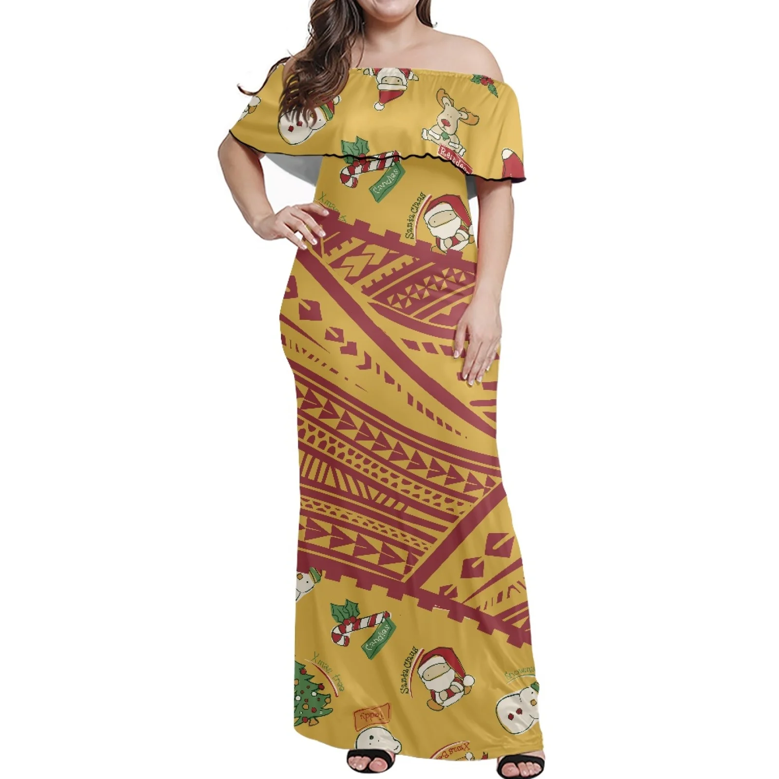 

Short Sleeve Off-the-Shoulder Dress, Ladies Gowns, Polynesian Tribal, Tongan Totem, Tattoo Tonga Prints, High Quality, Fashion