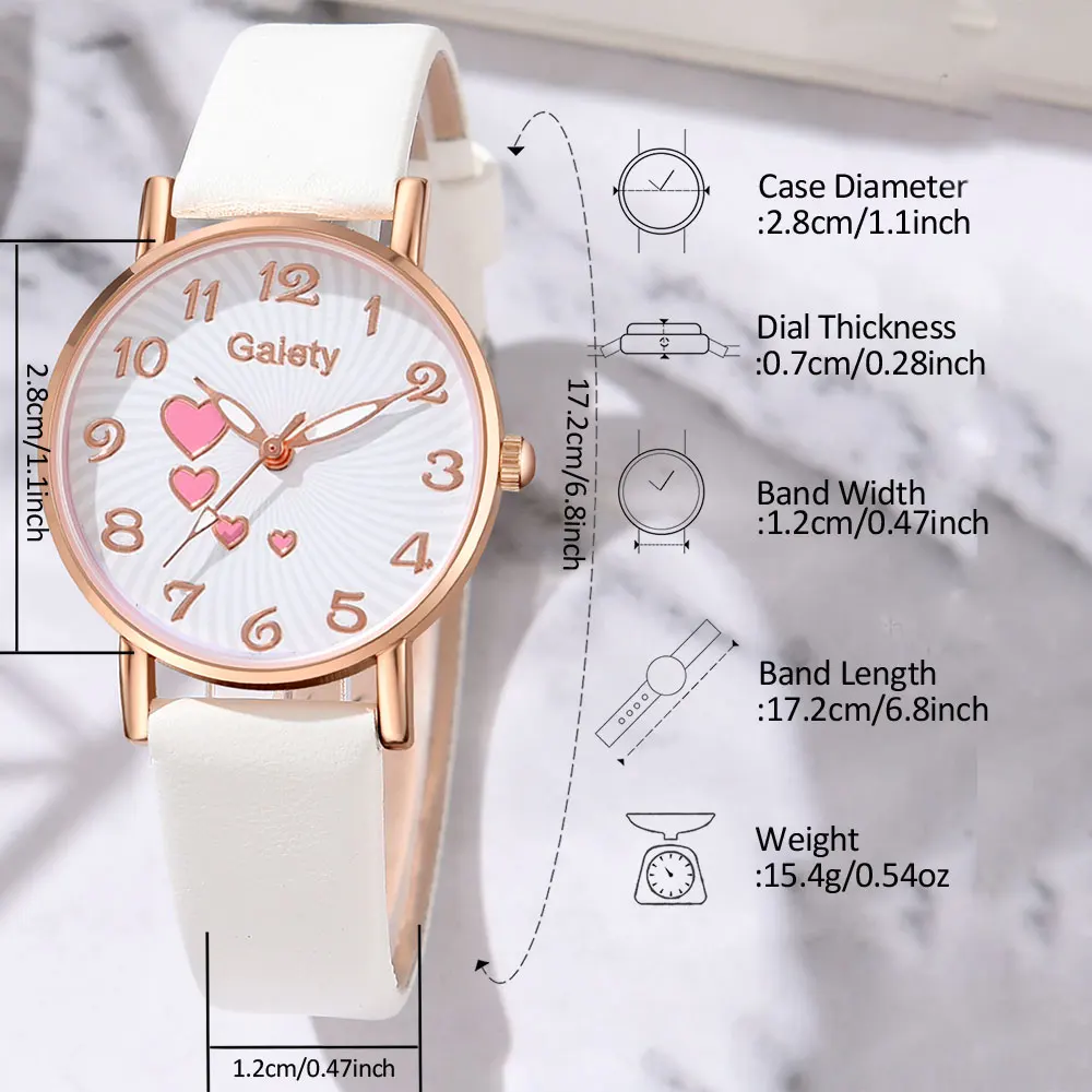 Gaiety 5PCS/Set Fashion Casual Women's Watch Pu Belt Quartz Watch Four Heart Dial Watch Daisy Bracelet Set Girl's Gift 5