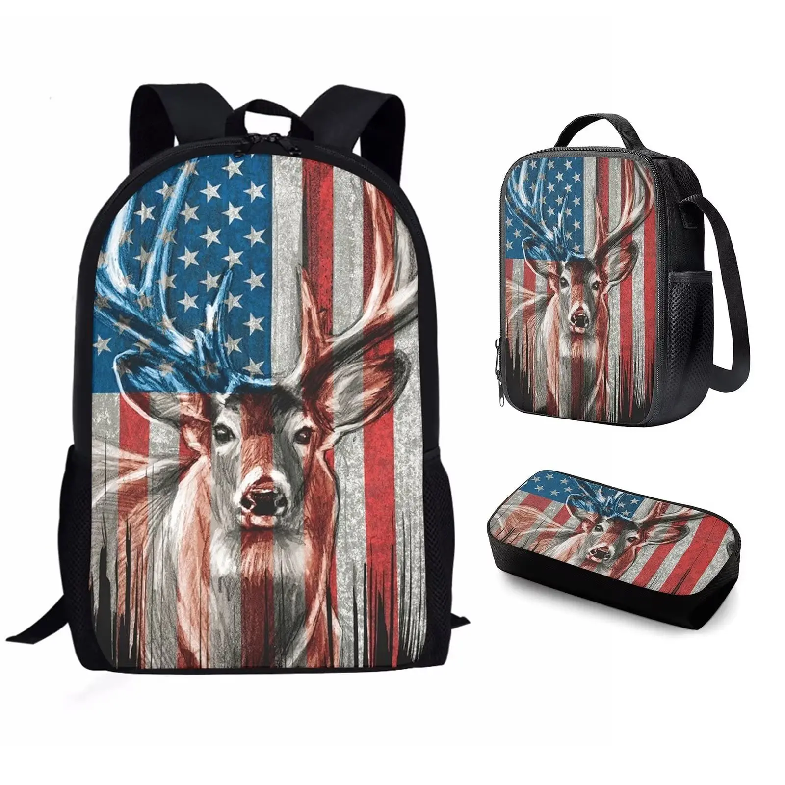 3PCS School Backpacks for Teen Boys Camo Hunting Deer American Flag Skull School Bags Set Kid Book Bags Large Capacity Backpack