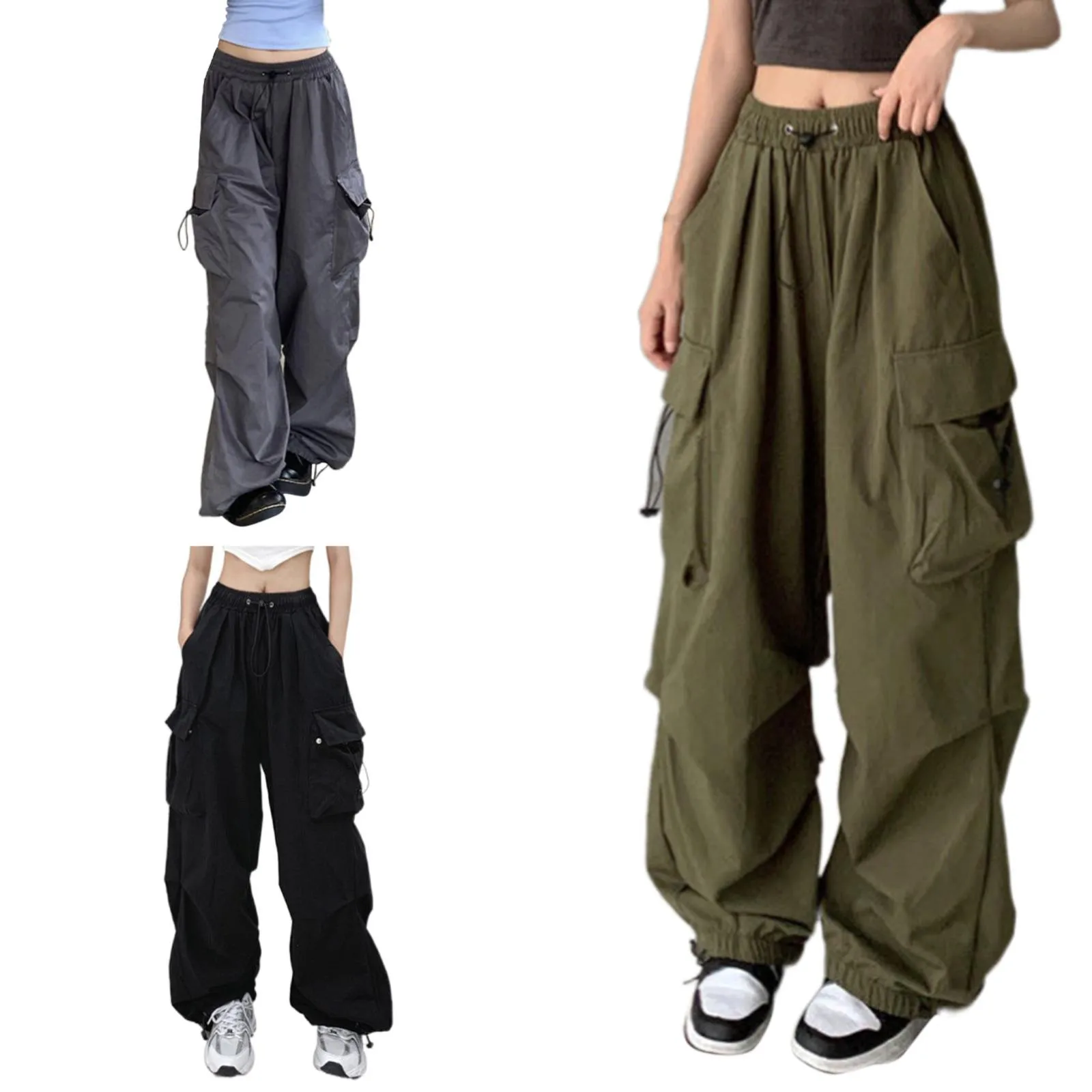 

Однотонные повседневные мешковатые брюки-карго для женщин 2024 Модные Винтажные женские широкие брюки с высокой талией Молодежные женские брюки уличная одежда