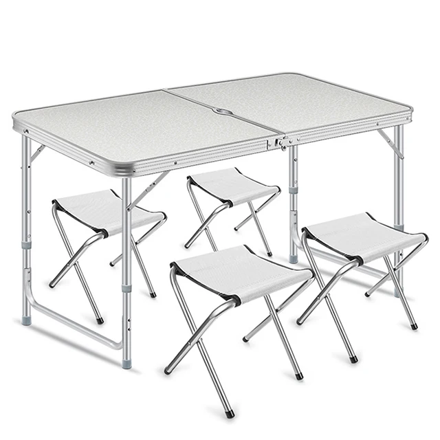 Vicllax camping kit, folding, portable, table, 4 chairs, 60x120 cm Outdorr 60*120cm portable folding table with chair for garden party picnic BBQ Outdoor set chairs aluminium alloy waterproof durable Silver