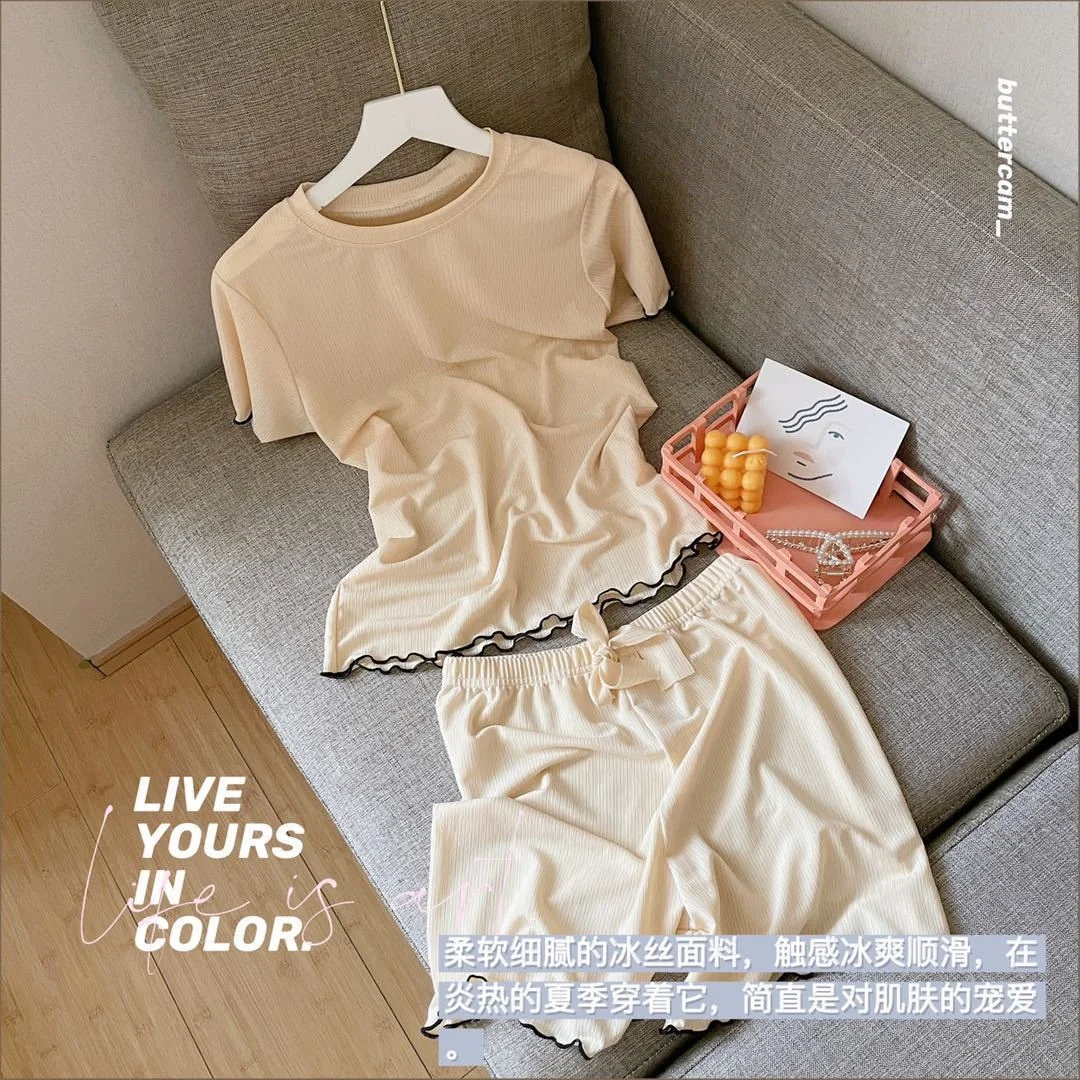 Summer new sweet 2021 lace short sleeve two piece housewear pajamas