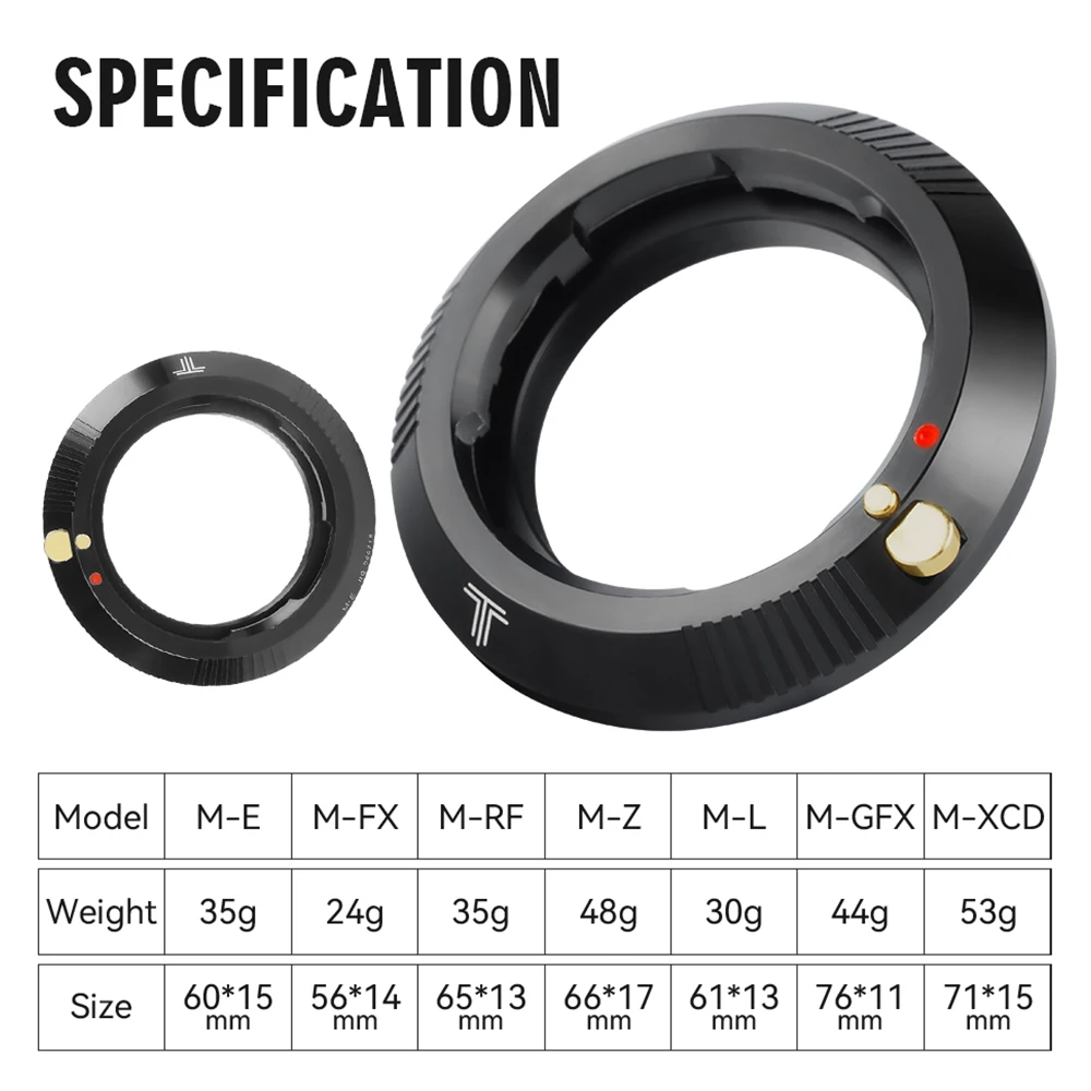 

TTArtisan Lens Adapter Ring for Leica M Mount Lens to Sony E Sigma L Nikon Z Canon R Fujifilm X Hasselblad X1D Camera Adapter