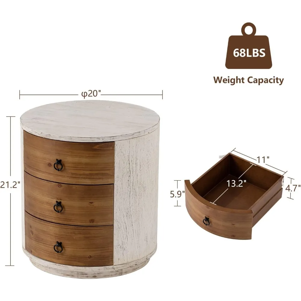 3-drawer wooden storage cabinet, 20" mdf round cabinet with vintage whitewash finish, nightstand with drawer, wooden bedside tab 2