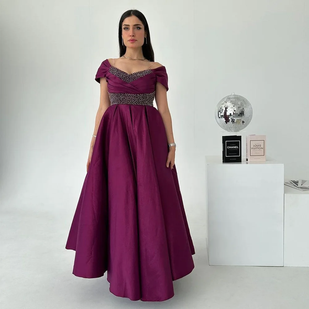 

Sevintage Purple Beading Crystal Prom Dresses Off the Shoulder A-Line Saudi Arabic Evening Gowns Formal Occasion Dress