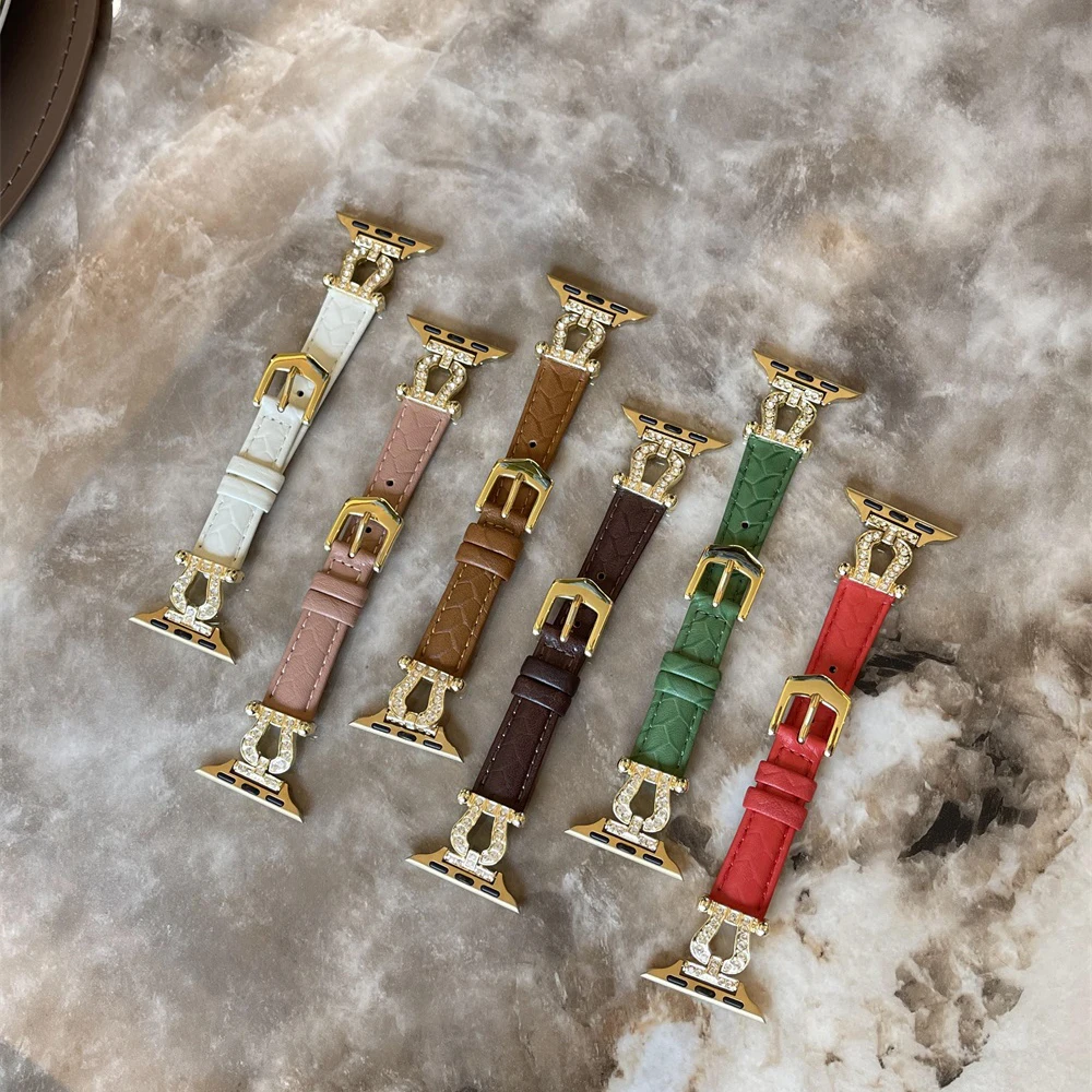

luxury Leather Strap for Apple Watch Band 40mm 45mm 41mm 44mm Design U-shaped Diamond ForSeries 8 7 SE 6 5 4 Bracelet Ultra 49mm