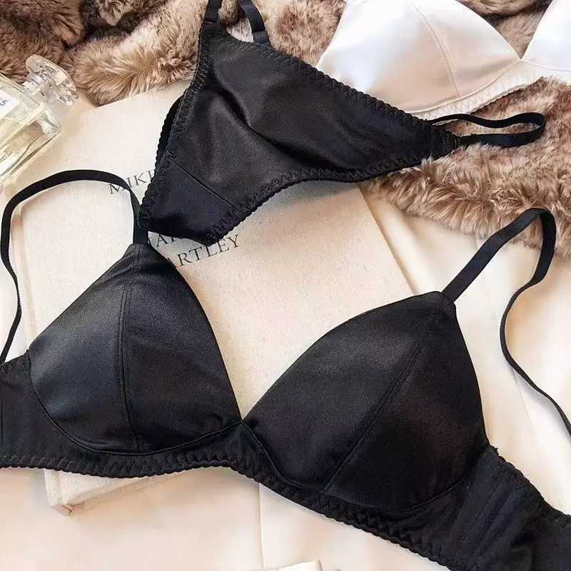 Ensemble de soutien-gorge Triangle Sexy de Style français pour petits bustes push-up, sans armatures, soutien-gorge léger Anti-affaissement avec finition satinée