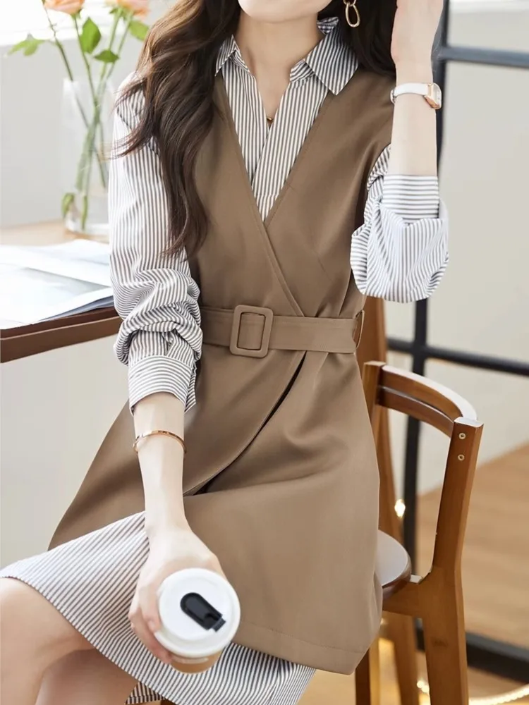 Fashion Korean Women Elegant Casual Shirt Dress Suit Stripe Vintage Dress Sleeveless Belted Vest Two Pieces Set Female Outfits