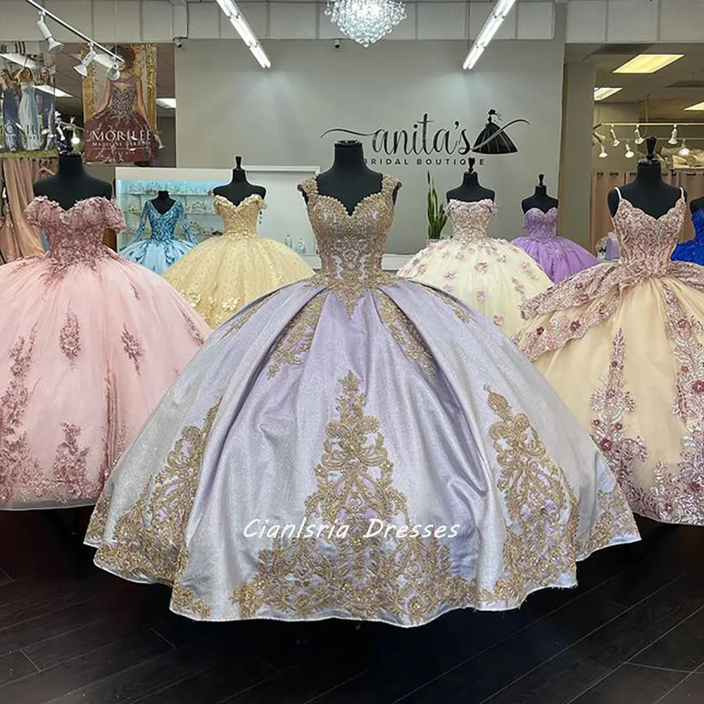 

Lavender Sweetheart Off The Shoulder Beading Crystal Ball Gown Quinceanera Dresses With Gold Appliques Lace Sweet 16 Dress