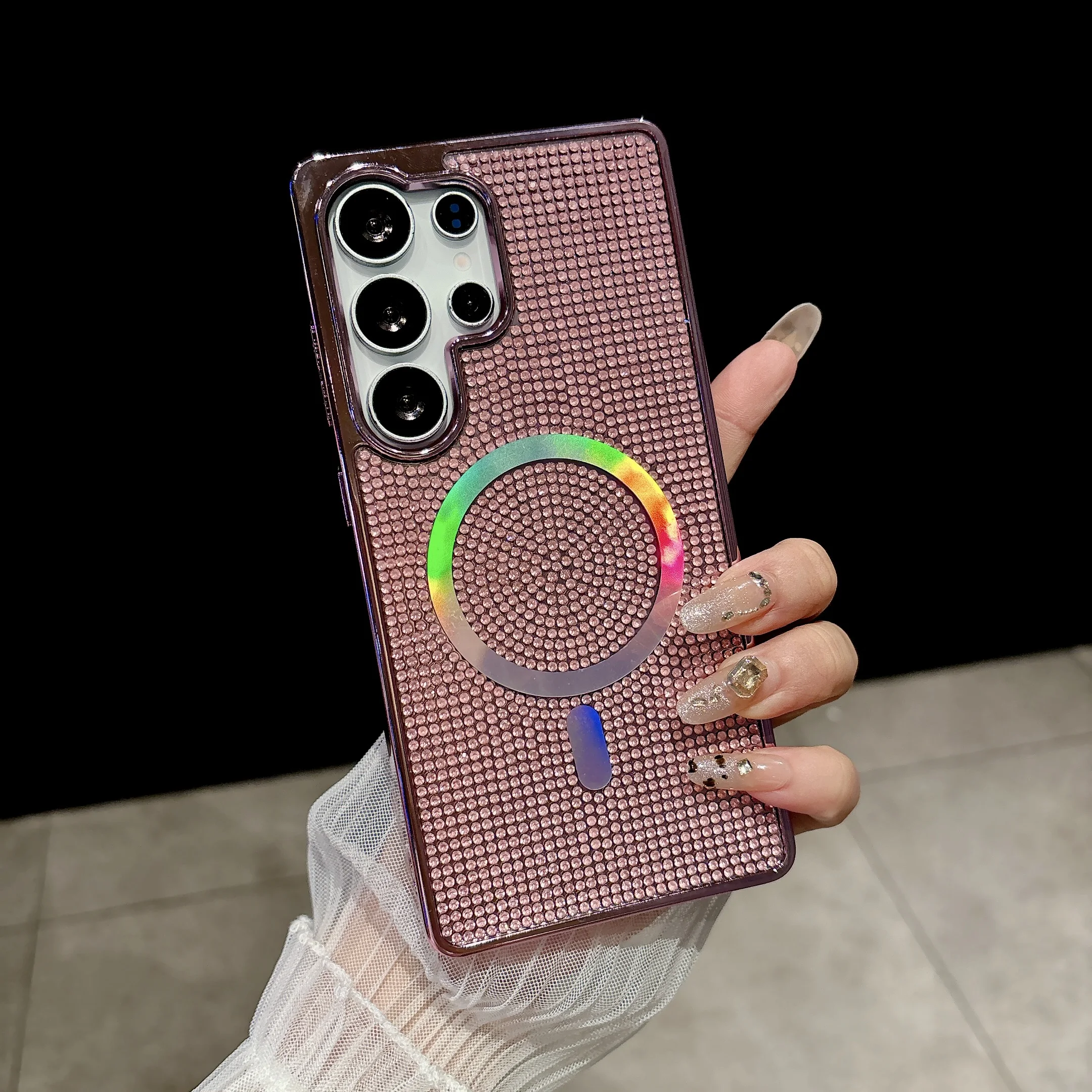 Glitter Diamond Plating TPU+PC Phone Case with Wireless Charging and Magnetic Feature - Girly Cover