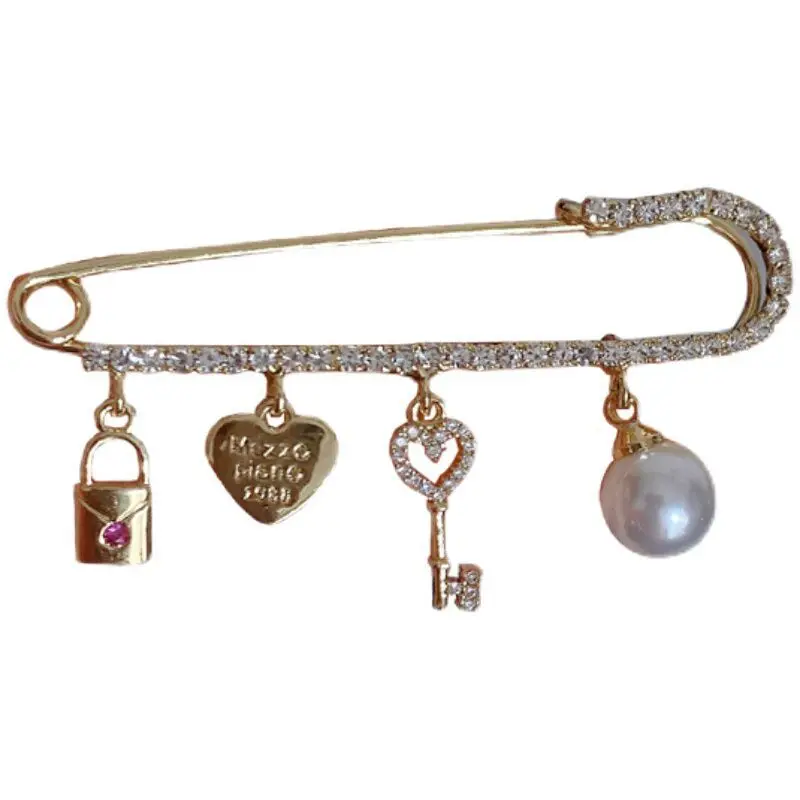 

Fashion New Delicate Personality Titanium Steel Pins Cute Pearl Key Lock Peach Heart Tassel Women's Brooch Accessories Gift