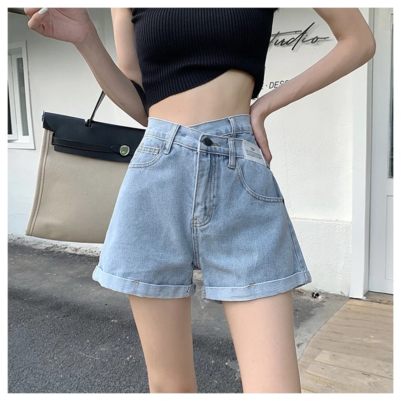 

Women's Crossover Design A-line Wide Leg Blue Denim Shorts Street Style Young Girl Capris Summer Female High Waist Mini Jeans