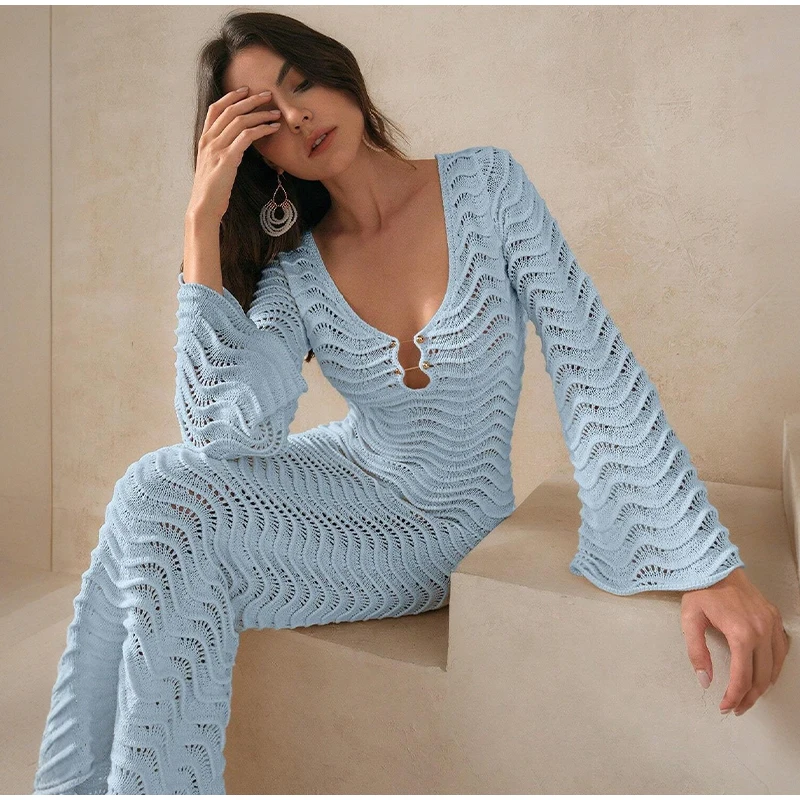 Beach Knit Hollow Out Maxi Dress Women Solid Flare Sleeve Lace-Up See-Through Holiday Dresses Female 2025 Summer Lady Slim Robes