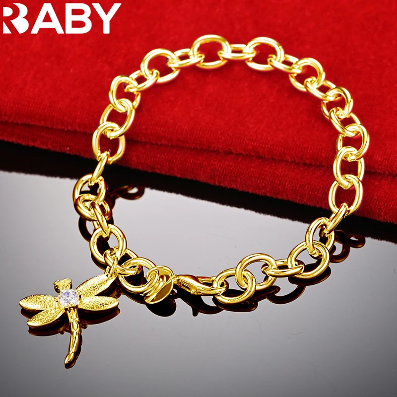 

URBABY 925 Sterling Silver Bracelet 24K Gold Zircon Dragonfly Chain Bracelet For Women Wedding Party Charm Fashion Jewelry Gift