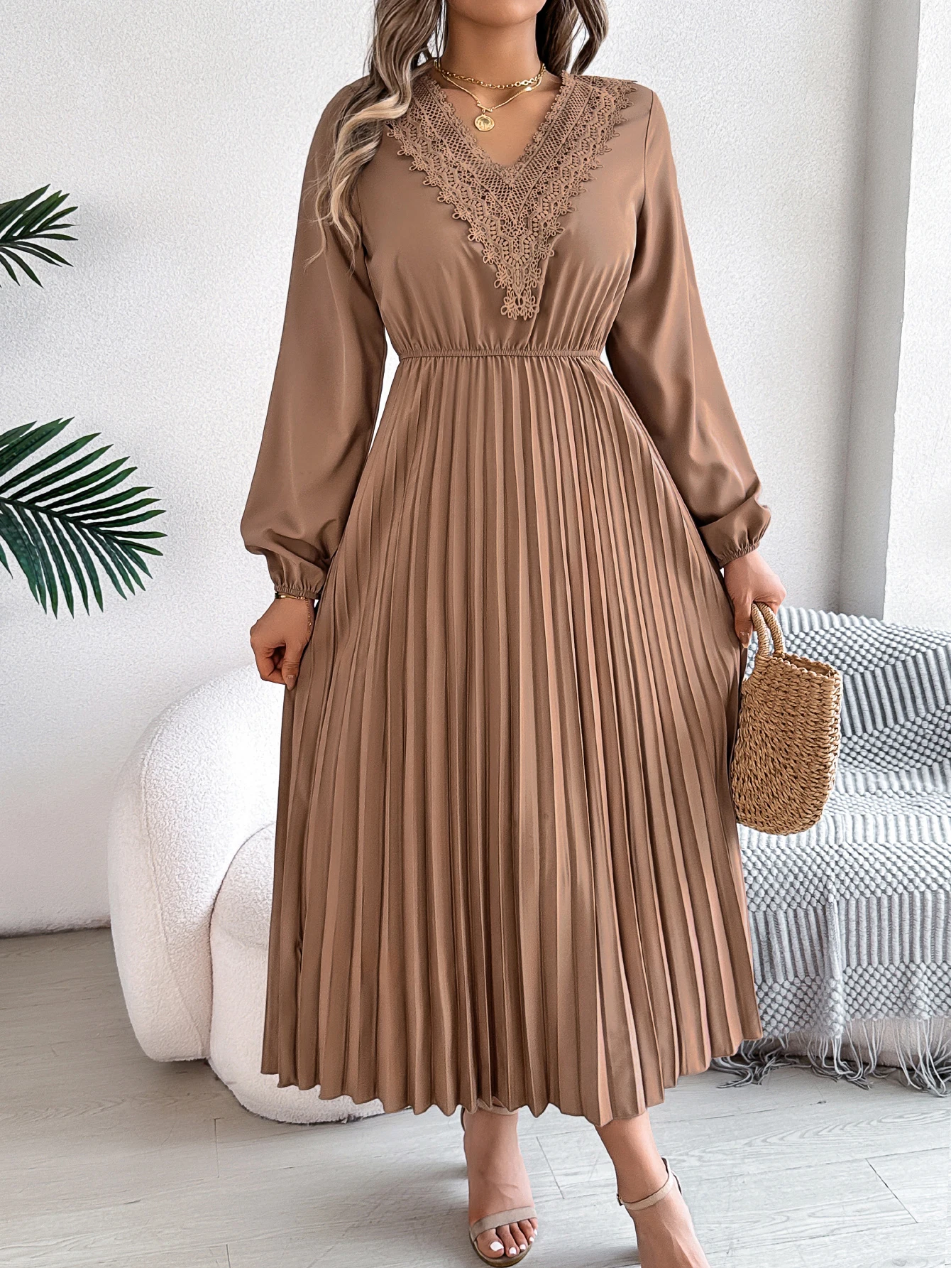 Women Solid Color V Neck Long Sleeve Lace Dress