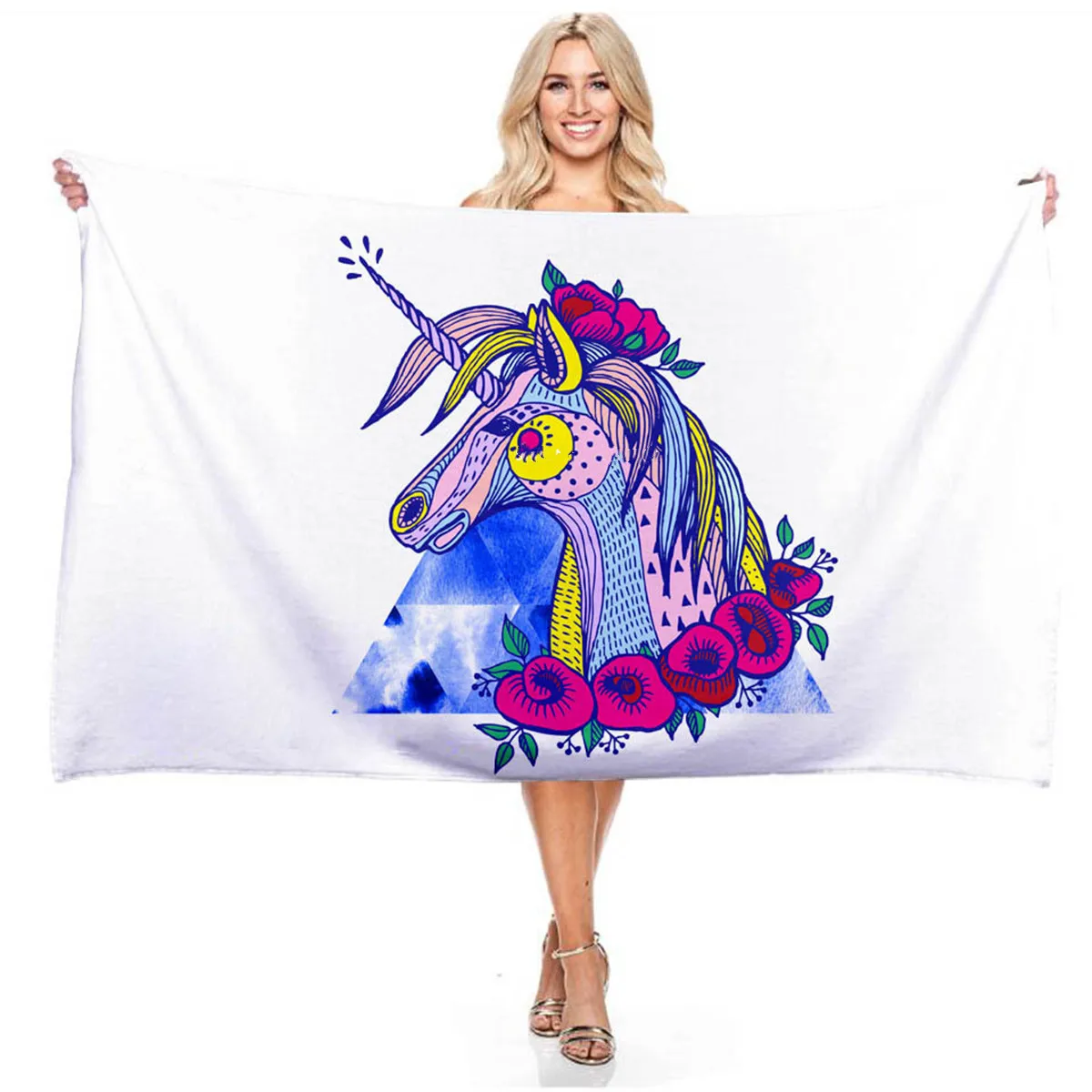 Cartoon Gradient Flower Unicorn 3D Digital Print Rectangular Beach Towel for Boys and Girls Outdoor Swimming Bibulous Bath Towel bath towels
